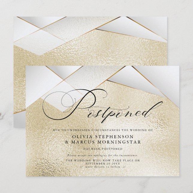 Invitación Oro Moderno con Facetas de Perla Boda Pospuesta (Anverso / Reverso)