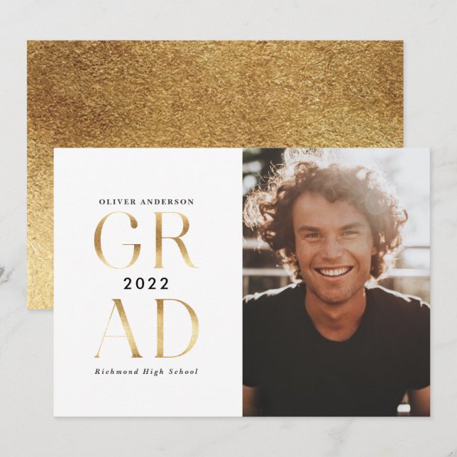 Invitación Oro moderno de graduación fotográfica de tipografí (Anverso / Reverso)