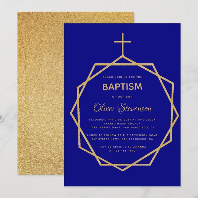 Invitación Oro moderno en bautismo de niño geométrico azul de (Anverso / Reverso)