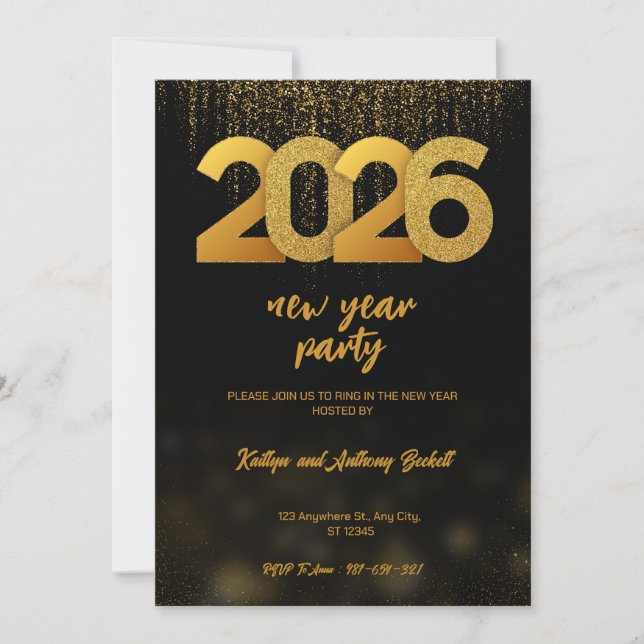 Invitación Oro Moderno Fiesta Año Nuevo 2026 Digital (Anverso)
