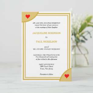 Invitación Oro Monograma Blanco Boda Geométrico Corazón Rojo