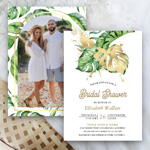 Invitación Oro Monstera Tropical Palm Photo Bridal Shower