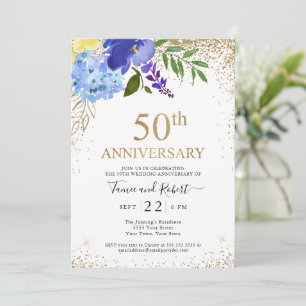 Invitación Oro morado azul floral 50 aniversario Boda