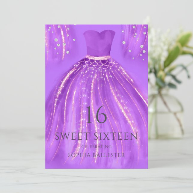 Invitación Oro morado Maravilloso vestido Mermaid Dulce 16 Fi (Anverso de pie)