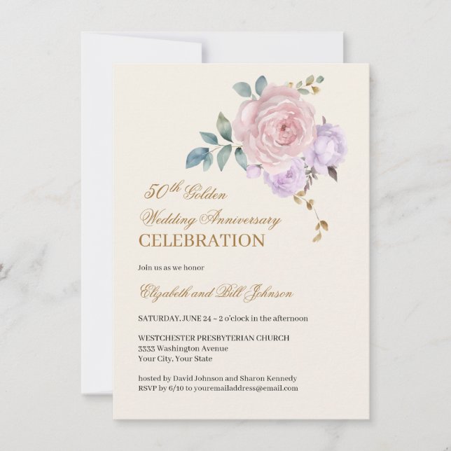 Invitación Oro morado rosa floral 50 aniversario Boda (Anverso)