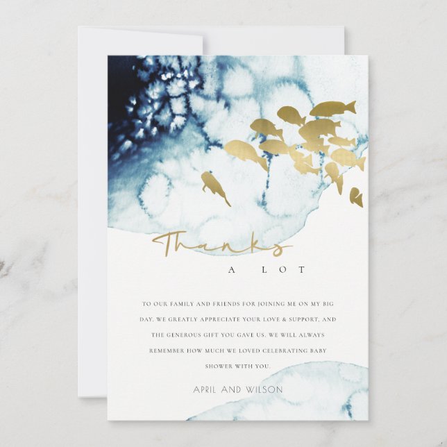 INVITACIÓN ORO NAVY SUBMARINO MAR FISH BABY SHOWER GRACIAS (Anverso)
