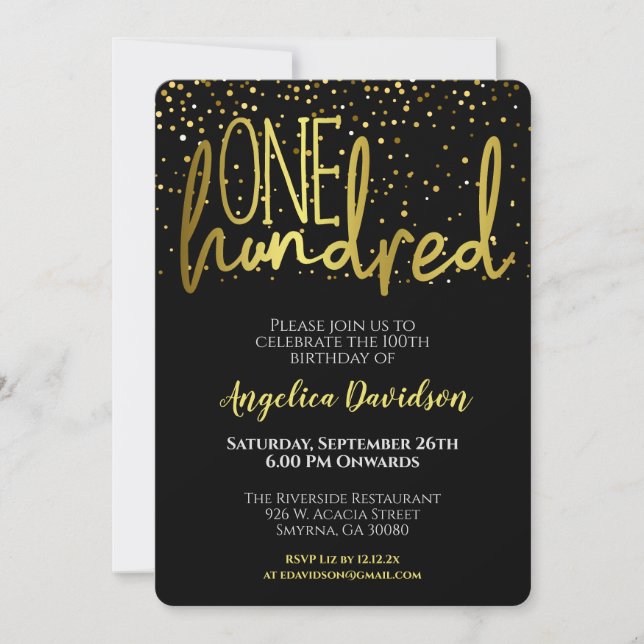 Invitación Oro negro 100 cumpleaños moderno (Anverso)