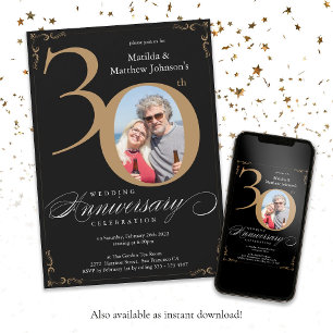 Invitación Oro Negro 30º Aniversario de Boda Caligrafía