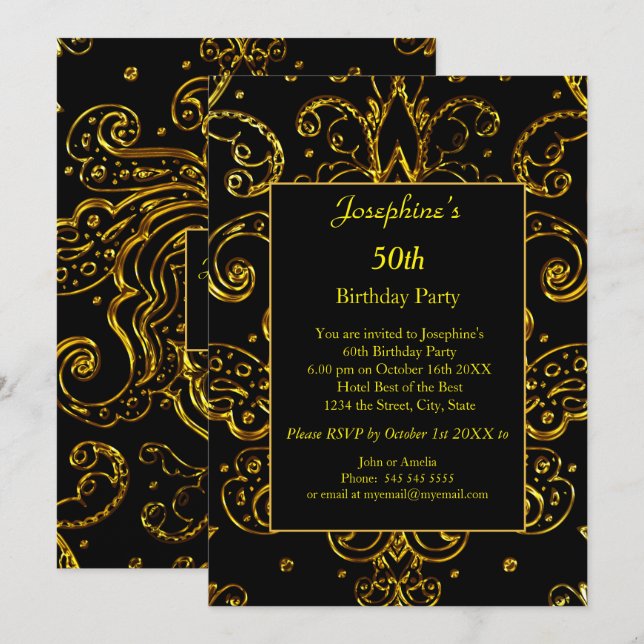Invitación Oro Negro 50.º 60.º cumpleaños (Anverso / Reverso)