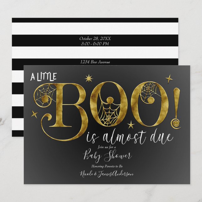 Invitación Oro Negro Blanco BOO Fiesta de Bebé Elegante (Anverso / Reverso)