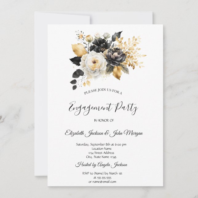 Invitación Oro Negro Blanco Flores Compromiso (Anverso)