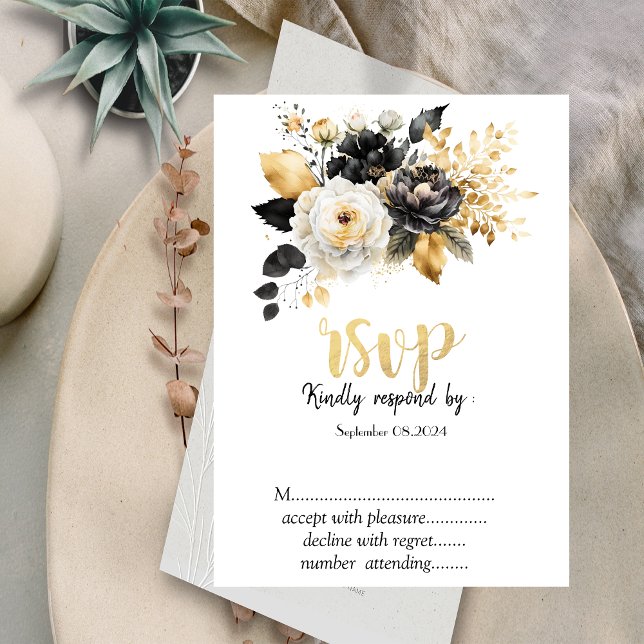 Invitación Oro Negro Blanco Flores RSVP (Subido por el creador)