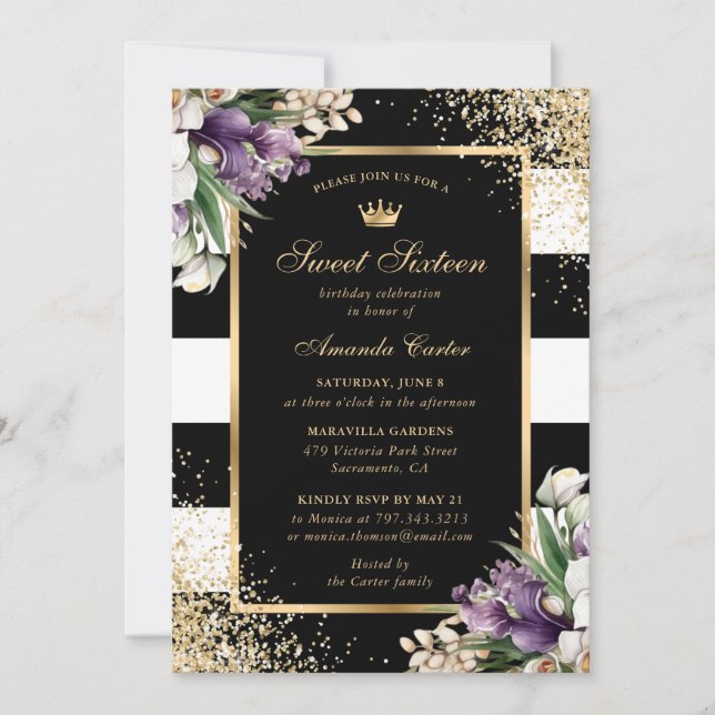 Invitación Oro Negro Blanco Morado Orquídea Dulce 16 Cumpleañ (Anverso)