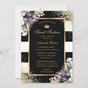 Invitación Oro Negro Blanco Morado Orquídea Dulce 16 Cumpleañ