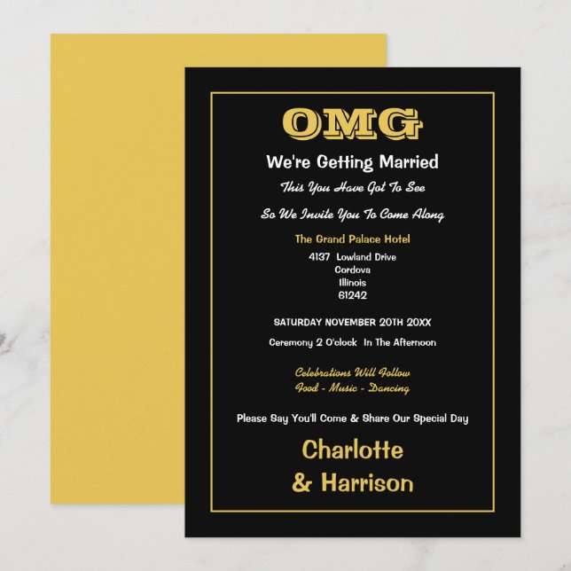 Invitación Oro Negro Boda Informal (Anverso / Reverso)