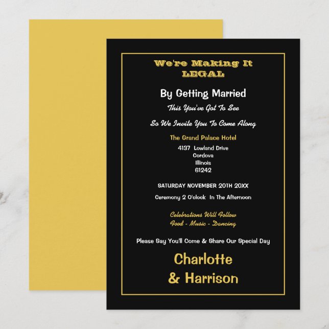 Invitación Oro Negro Boda Informal (Anverso / Reverso)