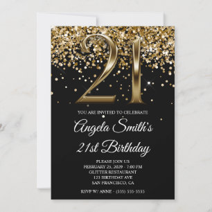Invitación Oro Negro Brillo Aspecto Metálico Cumpleaños 21