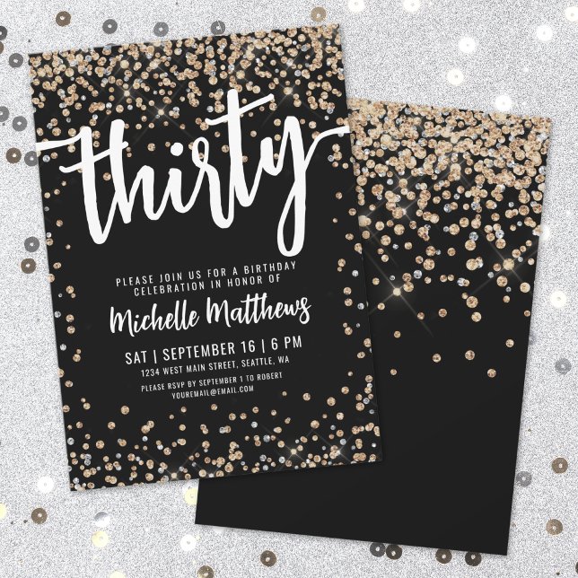 Invitación Oro Negro Brillo Cumpleaños 30 (Black Gold Glitter 30th Birthday Invitation)