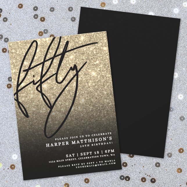 Invitación Oro Negro Brillo Cumpleaños 50 (Black Gold Glitter 50th Birthday Invitation)