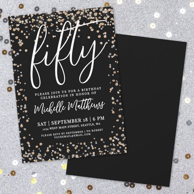 Invitación Oro Negro Brillo Cumpleaños 50 (Black Gold Glitter 50th Birthday Invitation)