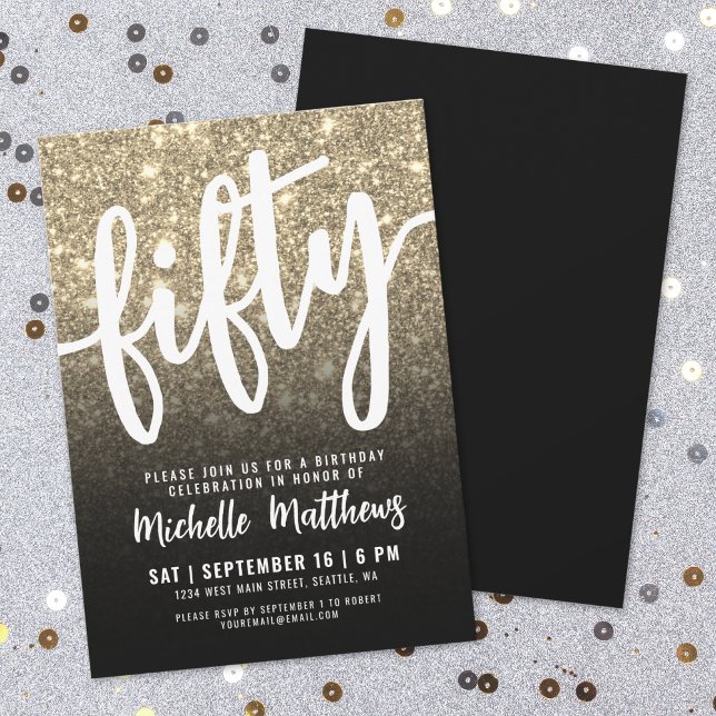Invitación Oro Negro Brillo Cumpleaños 50 (Black Gold Glitter 50th Birthday Invitation)