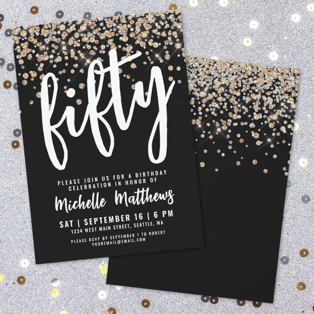 Invitación Oro Negro Brillo Cumpleaños 50 (Black Gold Glitter 50th Birthday Invitation )