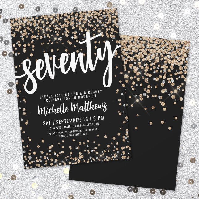 Invitación Oro Negro Brillo Cumpleaños 70 (Black Gold Glitter 70th Birthday Invitation)