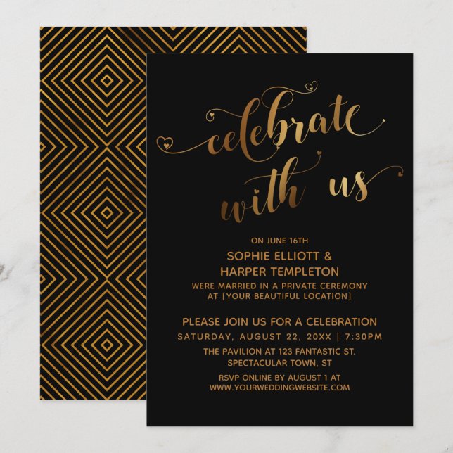 Invitación Oro Negro Celebra con Nosotros Evento Post-Boda (Anverso / Reverso)