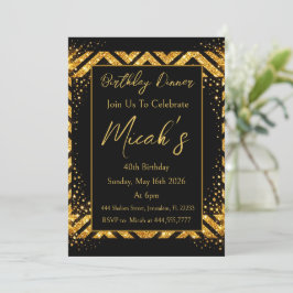 Invitación Oro Negro Chevron Líneas Puntos Lujo Brillo Glamou