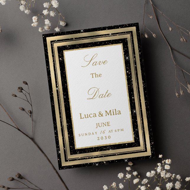Invitación Oro negro confeti brillante de Save the Date (Black gold sparkly glitter confetti Save the Date)