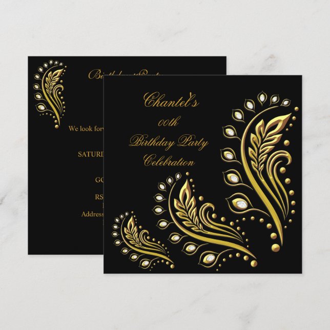 Invitación Oro Negro Cualquier edad Elegante fiesta de cumple (Anverso / Reverso)