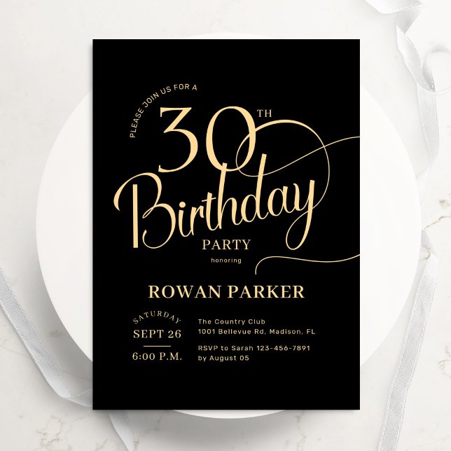 Invitación Oro Negro Cumpleaños 30 Elegante Escritura (Subido por el creador)