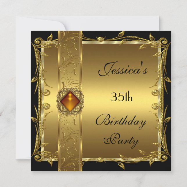 Invitación Oro Negro Cumpleaños 35 Floral Elegante Clásico (Anverso)