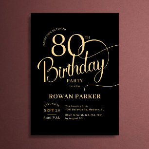 Invitación Oro Negro Cumpleaños 80 Cumpleaños Letra Elegante