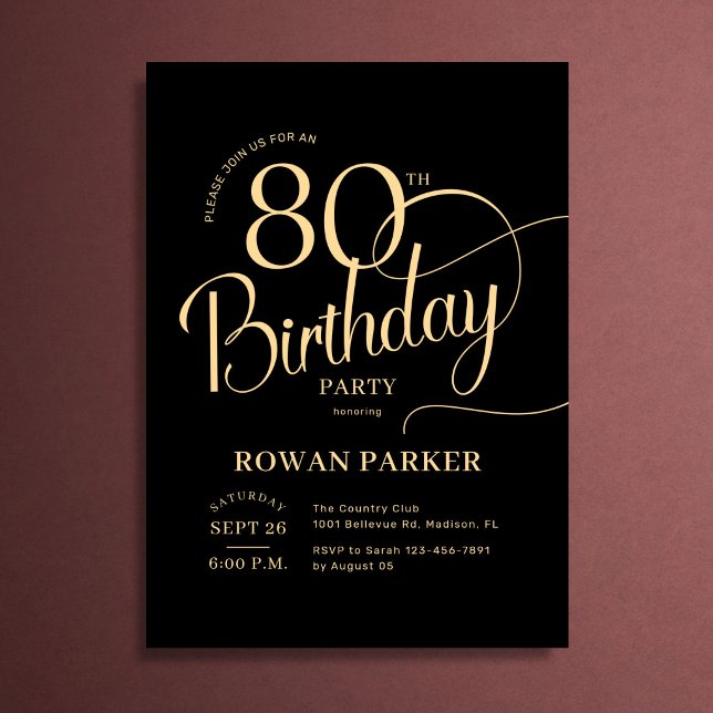 Invitación Oro Negro Cumpleaños 80 Cumpleaños Letra Elegante (Subido por el creador)