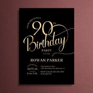 Invitación Oro Negro Cumpleaños 90 Cumplido Grafía Elegante