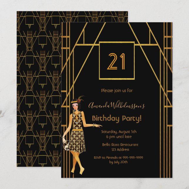 Invitación oro negro de 21 años 1920 art deco (Anverso / Reverso)