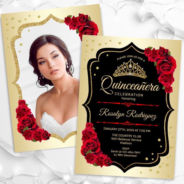 Invitación Oro negro de foto roja Quinceanera (Subido por el creador)