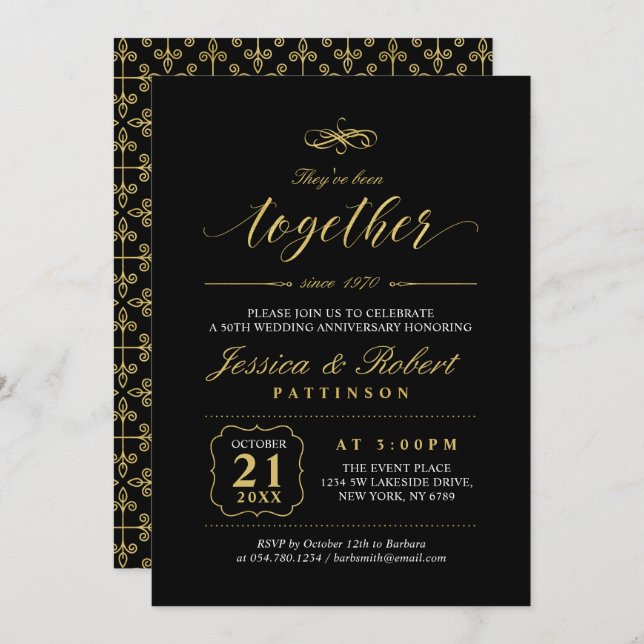 Invitación Oro & Negro | Elegante 50 Aniversario de Boda (Anverso / Reverso)