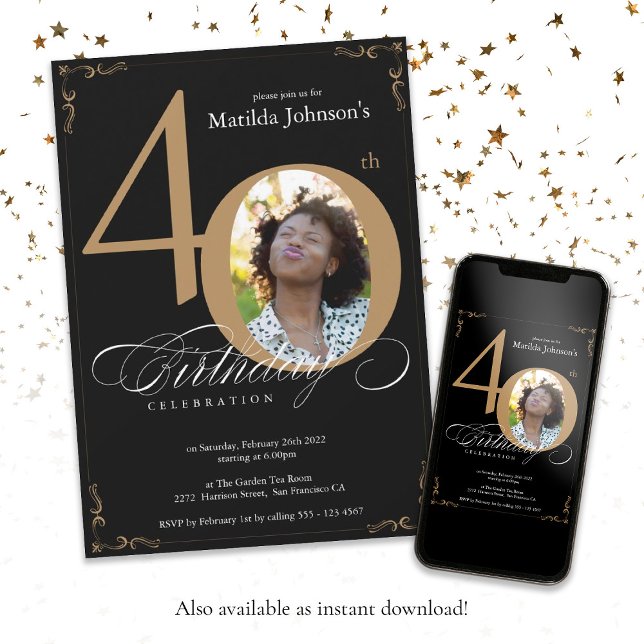 Invitación Oro Negro Elegante Caligrafía Foto 40 cumpleaños (Black Gold Elegant Calligraphy Photo 40th Birthday Invitation)