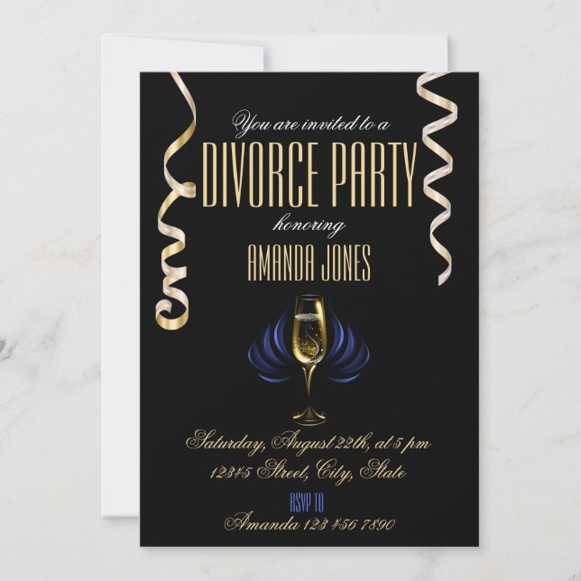 Invitación Oro negro elegante fiesta de divorcio champán (Anverso)