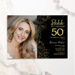 Invitación Oro Negro Elegante foto sorpresa 50 cumpleaños<br><div class="desc">Invitación a la fiesta de cumpleaños número 50 con tu foto en la parte delantera de la tarjeta. Diseño elegante y moderno con detalles botánicos de dibujos y tipografía. Sencilla carta de invitación a la moda, perfecta para una elegante celebración de cumpleaños femenina. Se puede personalizar a cualquier edad. Invitaciones...</div>
