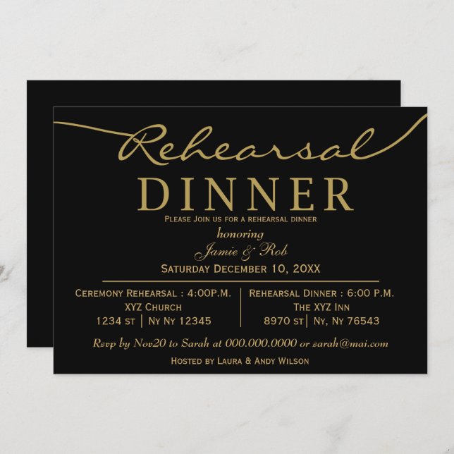 Invitación oro negro Elegante guión ensayo cena (Anverso / Reverso)