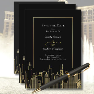 Invitación Oro Negro Elegante Línea del Cielo de Las Vegas Gu