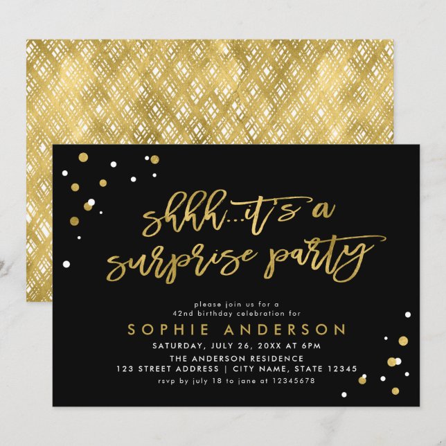 Invitación Oro negro es un cumpleaños Fiesta sorpresa (Anverso / Reverso)