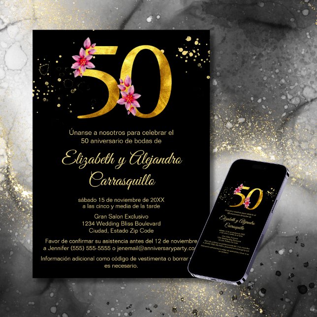 Invitación Oro Negro Español Floral Rosa 50 Aniversario (Subido por el creador)