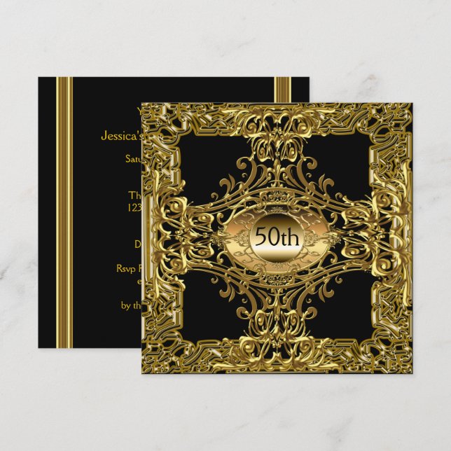 Invitación Oro Negro Fiesta de Cumpleaños Lujo (Anverso / Reverso)