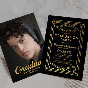 Invitación Oro Negro Fiesta de Graduación con Foto Elegante