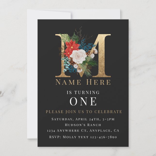 Invitación Oro Negro Floral Blanco Letra M (Anverso)