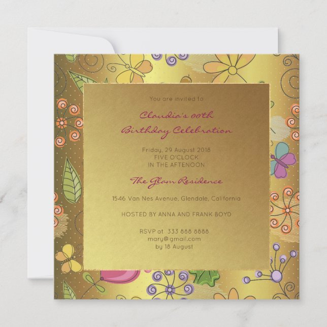 Invitación Oro negro floral del cumpleaños del acontecimiento (Anverso)
